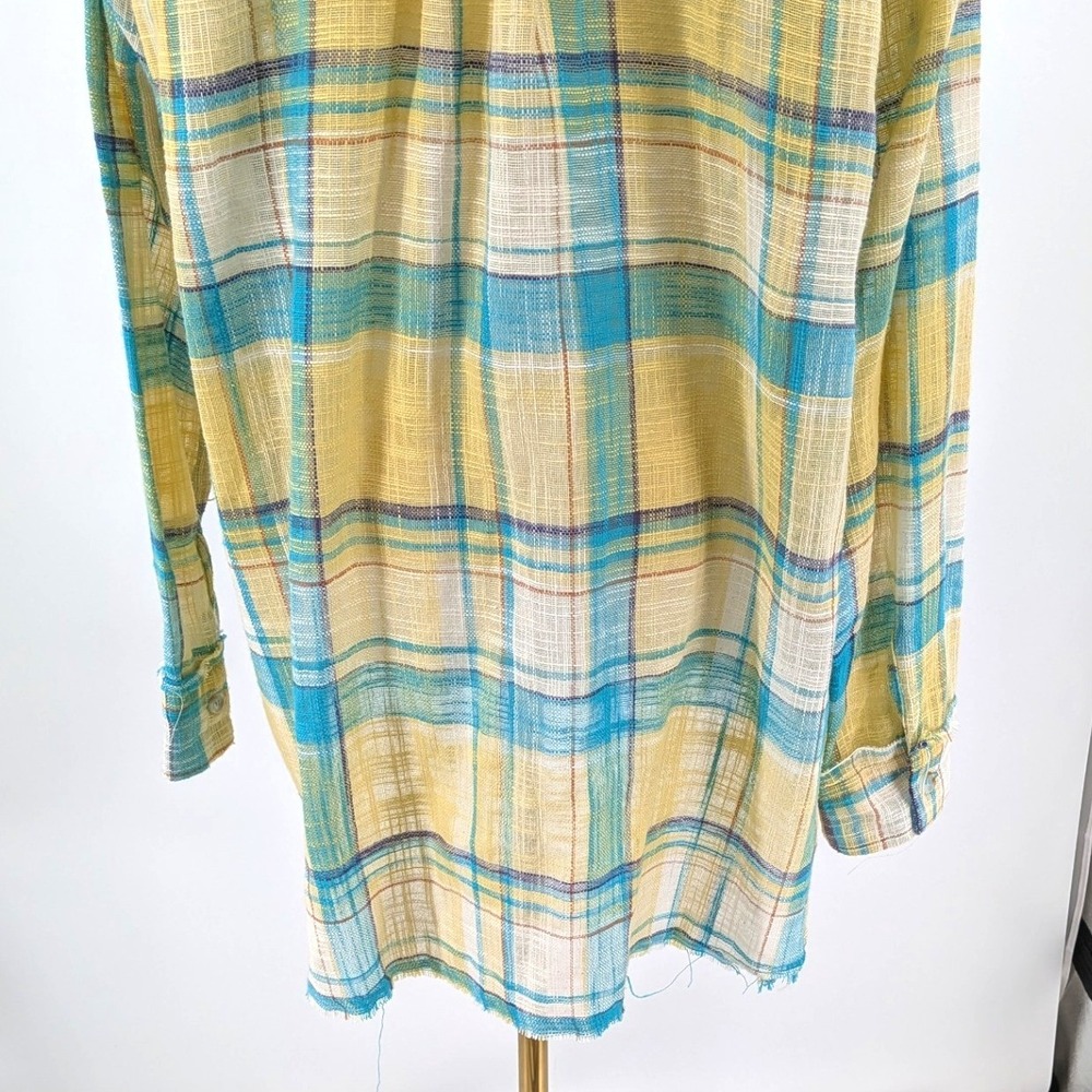 La Miel Plaid Gauze Shirt Raw Hem Boho‎ Beach Lightweight NWT L - Picture 9 of 11